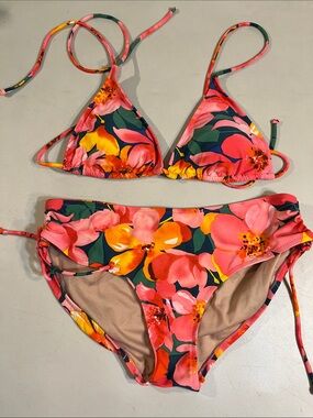 Joe Fresh Coral Pink & Yellow Floral Triangle Bikini
